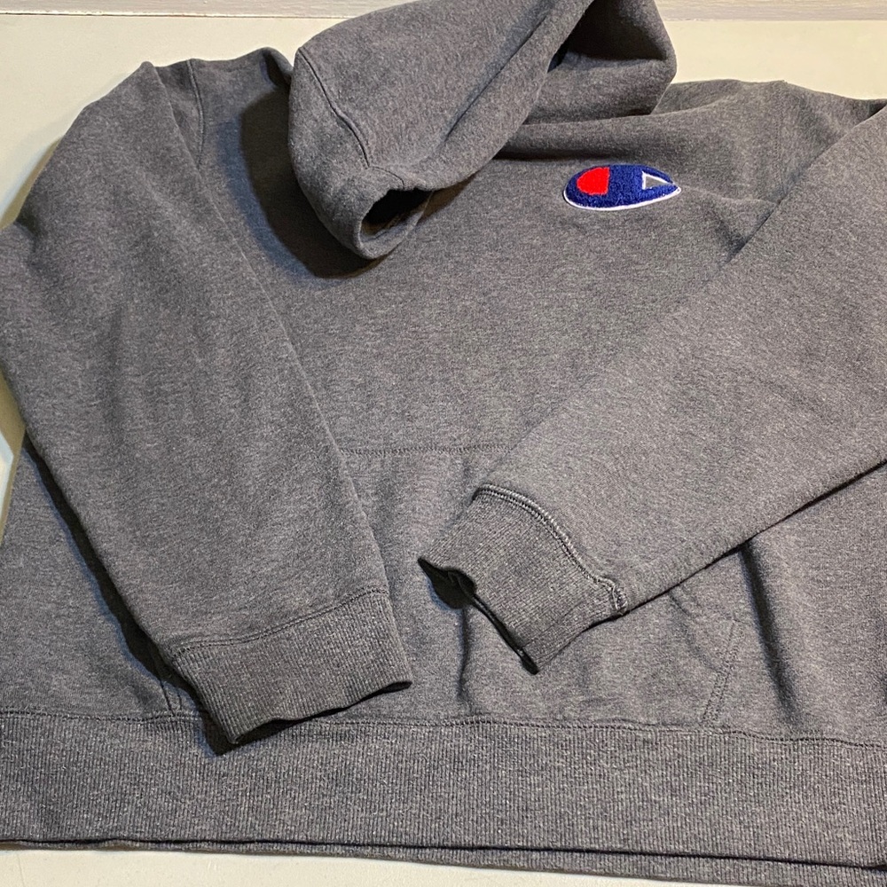 Champion Gray Hoodie with Red & Blue Logo Patch